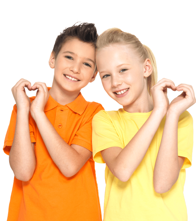Two kids are smiling and showing hearts with their hands